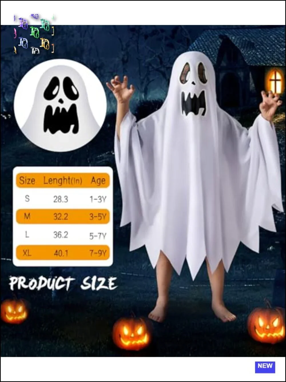 Kids Ghost Halloween Costume Cloak with Glow-in-the-Dark Design